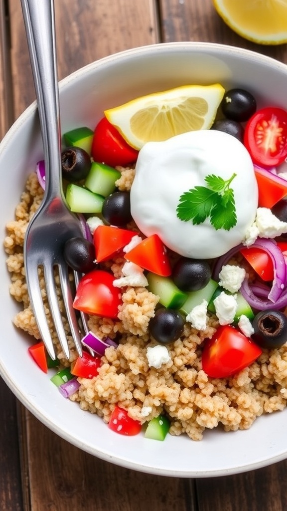 A colorful Greek quinoa bowl with quinoa, tomatoes, cucumbers, olives, feta, and tzatziki sauce on a wooden table.